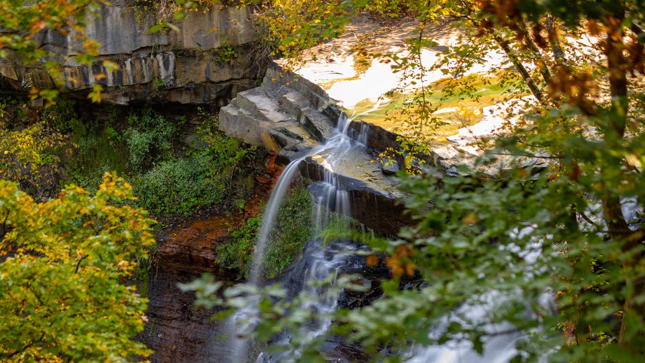 Wallpaper waterfall, rock, landscape, nature, leaves