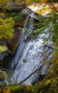 Preview wallpaper waterfall, rock, landscape, nature, leaves