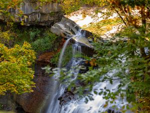 Preview wallpaper waterfall, rock, landscape, nature, leaves