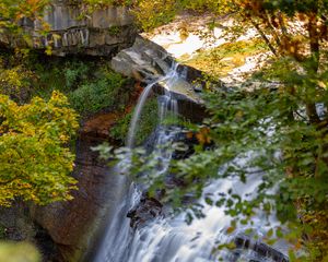 Preview wallpaper waterfall, rock, landscape, nature, leaves