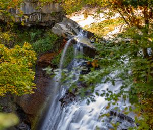 Preview wallpaper waterfall, rock, landscape, nature, leaves