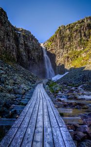 Preview wallpaper waterfall, rock, path, stones, landscape