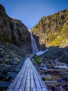 Preview wallpaper waterfall, rock, path, stones, landscape