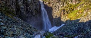 Preview wallpaper waterfall, rock, path, stones, landscape