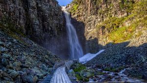 Preview wallpaper waterfall, rock, path, stones, landscape