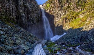 Preview wallpaper waterfall, rock, path, stones, landscape