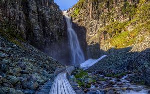 Preview wallpaper waterfall, rock, path, stones, landscape