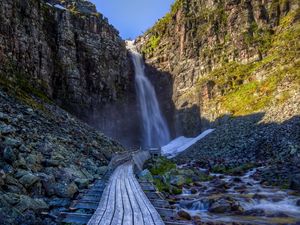 Preview wallpaper waterfall, rock, path, stones, landscape