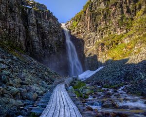 Preview wallpaper waterfall, rock, path, stones, landscape