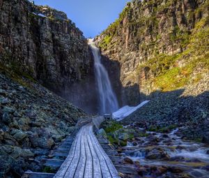 Preview wallpaper waterfall, rock, path, stones, landscape