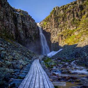 Preview wallpaper waterfall, rock, path, stones, landscape