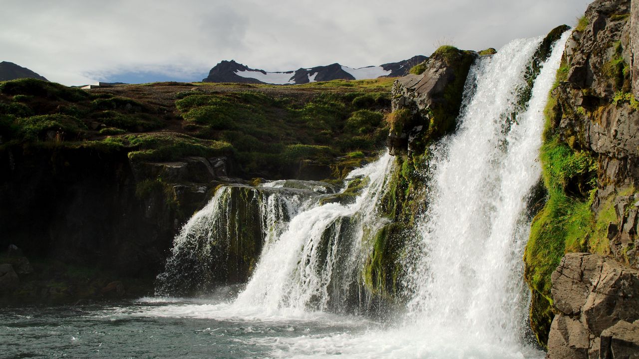 Wallpaper waterfall, rock, river, mountains