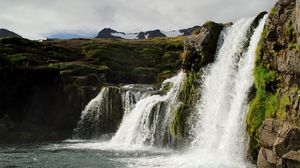 Preview wallpaper waterfall, rock, river, mountains