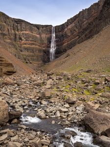 Preview wallpaper waterfall, rock, slope, stones, stream, nature