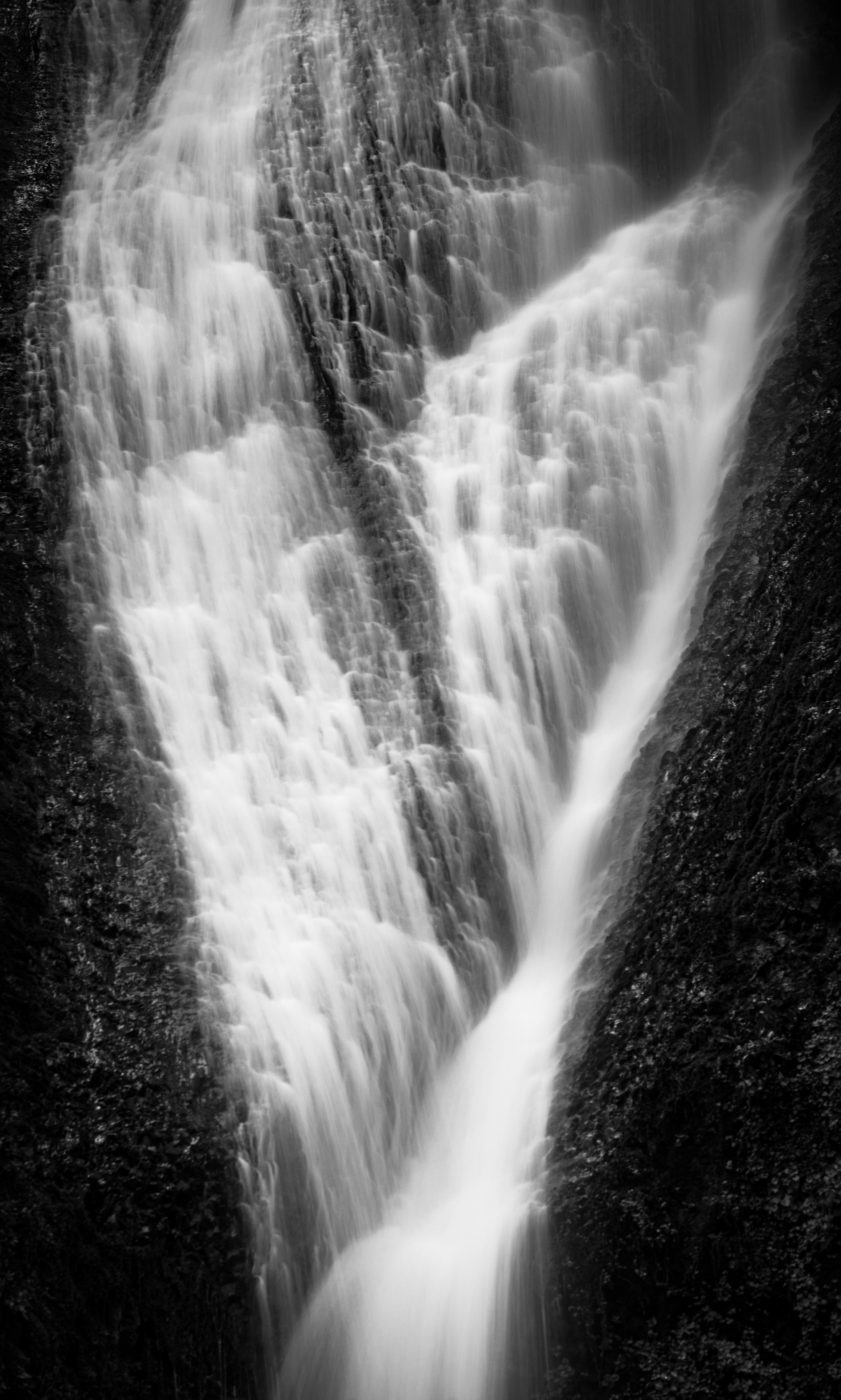 Download wallpaper 3374x5616 waterfall, rock, splashes, bw hd background