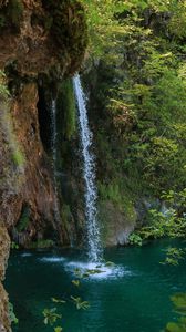 Preview wallpaper waterfall, rock, spray, water, plants