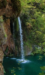 Preview wallpaper waterfall, rock, spray, water, plants