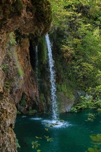 Preview wallpaper waterfall, rock, spray, water, plants