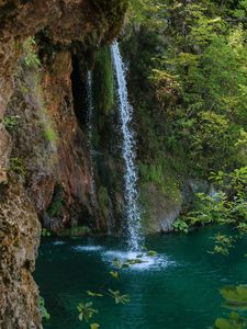 Preview wallpaper waterfall, rock, spray, water, plants