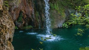 Preview wallpaper waterfall, rock, spray, water, plants