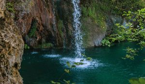 Preview wallpaper waterfall, rock, spray, water, plants