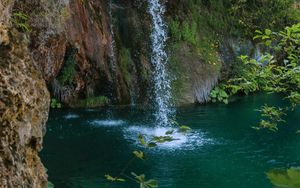 Preview wallpaper waterfall, rock, spray, water, plants