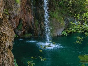 Preview wallpaper waterfall, rock, spray, water, plants