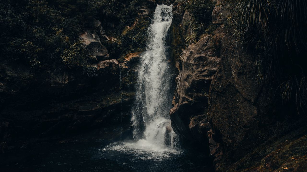 Wallpaper waterfall, rock, stream, water, spray