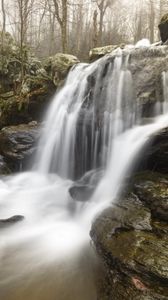 Preview wallpaper waterfall, rock, stream, water, fog