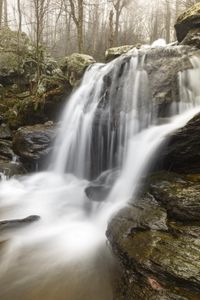 Preview wallpaper waterfall, rock, stream, water, fog