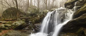Preview wallpaper waterfall, rock, stream, water, fog