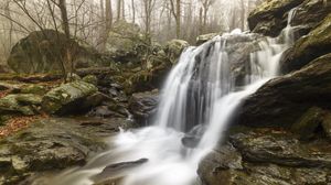 Preview wallpaper waterfall, rock, stream, water, fog