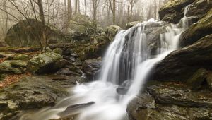 Preview wallpaper waterfall, rock, stream, water, fog