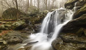 Preview wallpaper waterfall, rock, stream, water, fog