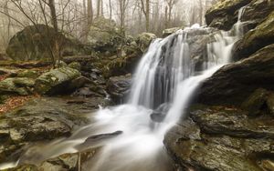 Preview wallpaper waterfall, rock, stream, water, fog