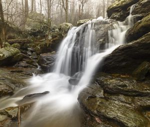 Preview wallpaper waterfall, rock, stream, water, fog