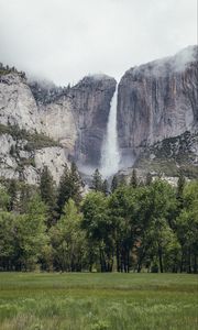 Preview wallpaper waterfall, rock, trees, stream, landscape, nature