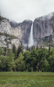 Preview wallpaper waterfall, rock, trees, stream, landscape, nature