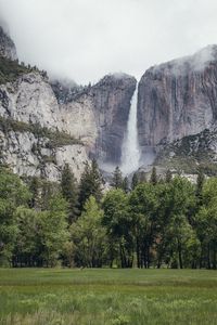 Preview wallpaper waterfall, rock, trees, stream, landscape, nature