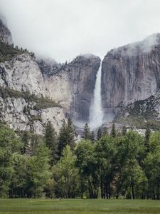 Preview wallpaper waterfall, rock, trees, stream, landscape, nature