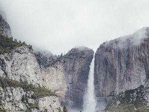 Preview wallpaper waterfall, rock, trees, stream, landscape, nature