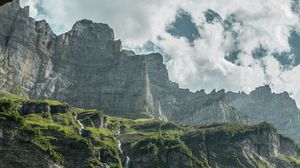 Preview wallpaper waterfall, rock, trees, slope