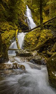 Preview wallpaper waterfall, rock, trees, water, stream