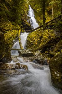 Preview wallpaper waterfall, rock, trees, water, stream