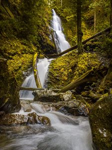 Preview wallpaper waterfall, rock, trees, water, stream