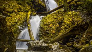 Preview wallpaper waterfall, rock, trees, water, stream
