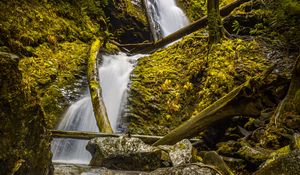 Preview wallpaper waterfall, rock, trees, water, stream