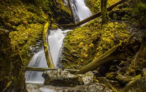 Preview wallpaper waterfall, rock, trees, water, stream