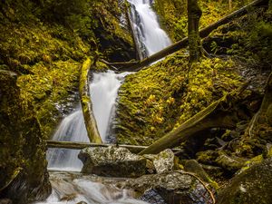 Preview wallpaper waterfall, rock, trees, water, stream