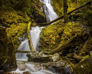 Preview wallpaper waterfall, rock, trees, water, stream